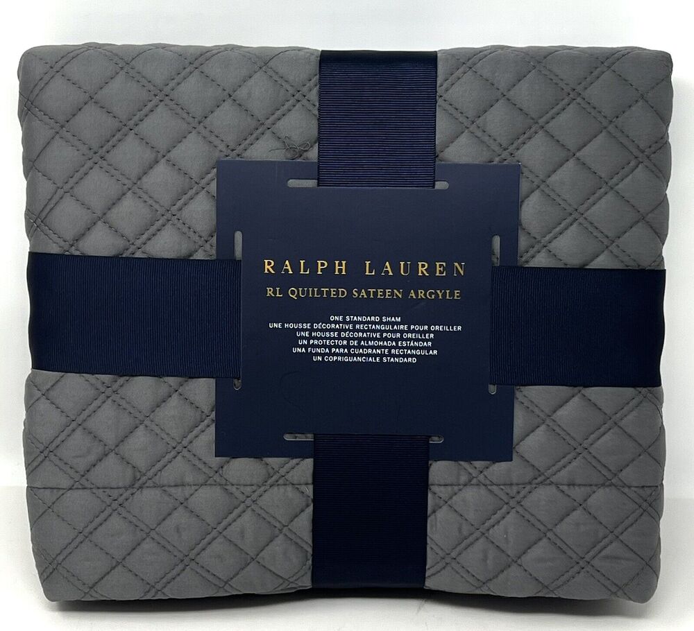 Ralph Lauren Quilted Sateen Argyle Standard Pillow Sham Grey Graphite NWT $145